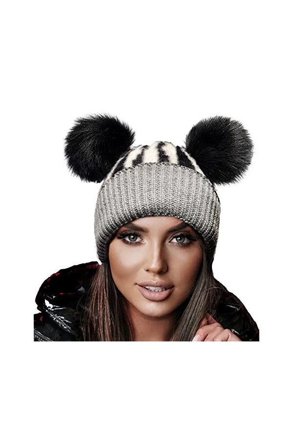 4sold Miki Bonnet dhiver en laine tricotée avec 2 pompons - pour femme et fille - pour le ski et le snowboard coloré , Noir