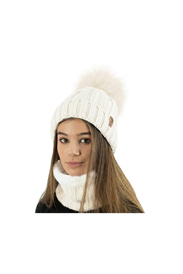 TOSKATOK Dames Femmes Hiver Rib Seed Stitch Beanie Bobble Chapeau avec Doublure en Polaire Confortable Chaud et Fausse Fourru