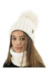 TOSKATOK Dames Femmes Hiver Rib Seed Stitch Beanie Bobble Chapeau avec Doublure en Polaire Confortable Chaud et Fausse Fourru