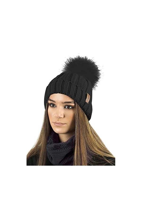 TOSKATOK Dames Femmes Hiver Rib Seed Stitch Beanie Bobble Chapeau avec Doublure en Polaire Confortable Chaud et Fausse Fourru