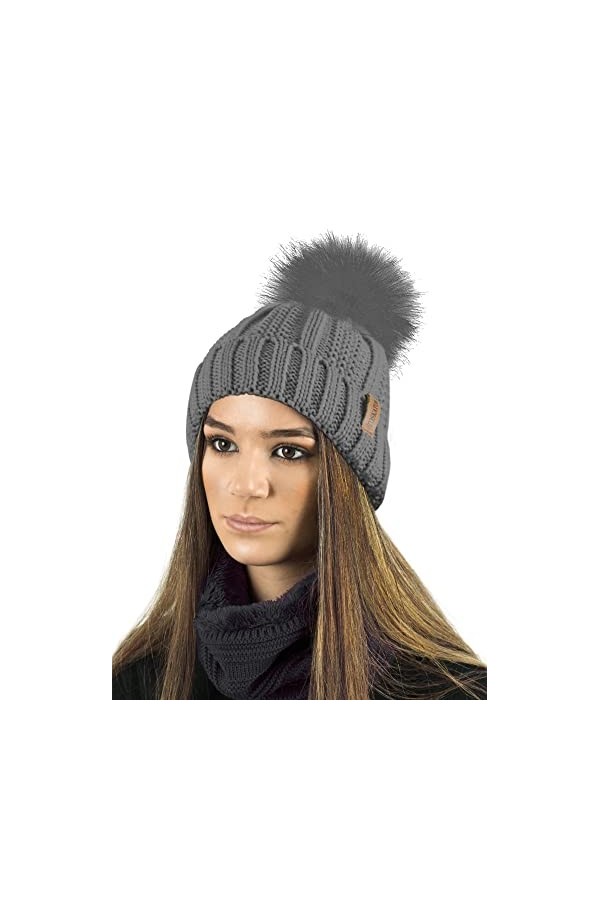 TOSKATOK Dames Femmes Hiver Rib Seed Stitch Beanie Bobble Chapeau avec Doublure en Polaire Confortable Chaud et Fausse Fourru