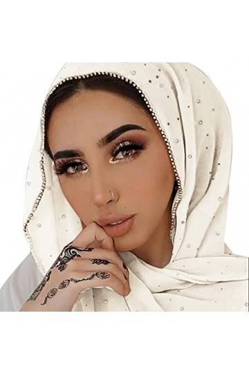 ANKOMINA Foulard long en mousseline de soie et strass pour femme musulmane, beige, taille unique