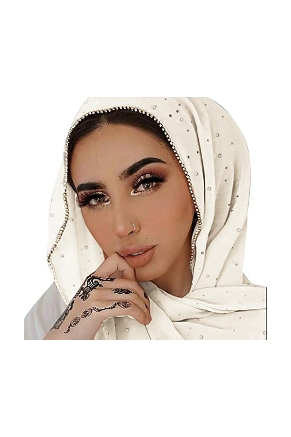 ANKOMINA Foulard long en mousseline de soie et strass pour femme musulmane, beige, taille unique