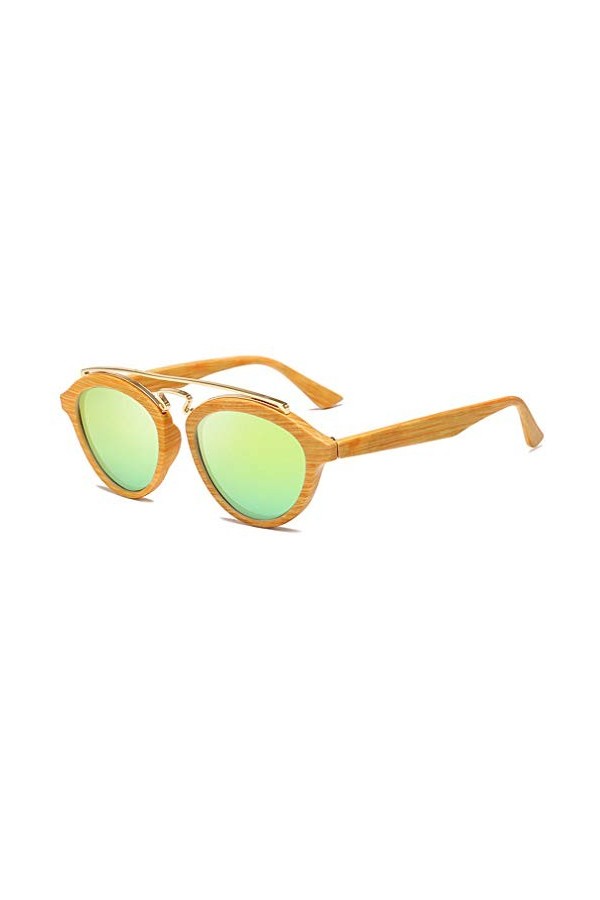 JiXuan Lunettes de Soleil Fashion Wood Grain Retro Lunettes de Soleil rondes pour femmes Tendance Double Beam Unisexe Lunette