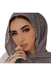 ANKOMINA Foulard long en mousseline de soie et strass pour femme musulmane, beige, taille unique