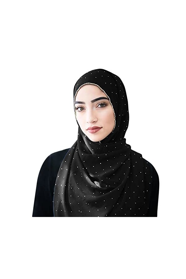 ANKOMINA Foulard long en mousseline de soie et strass pour femme musulmane, beige, taille unique