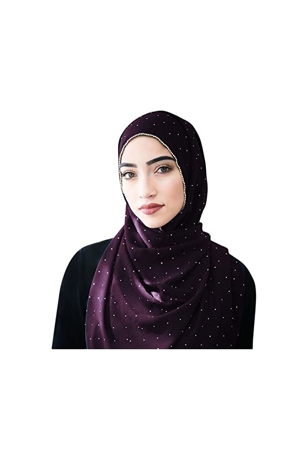 ANKOMINA Foulard long en mousseline de soie et strass pour femme musulmane, beige, taille unique