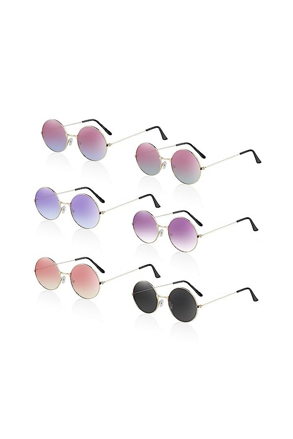 Teklemon Lunettes de Soleil Rondes, 6 Paires Lunettes de Soleil Rétro Hippie Lunettes pour Fête Rondes Coeur Couleur Dégradé 