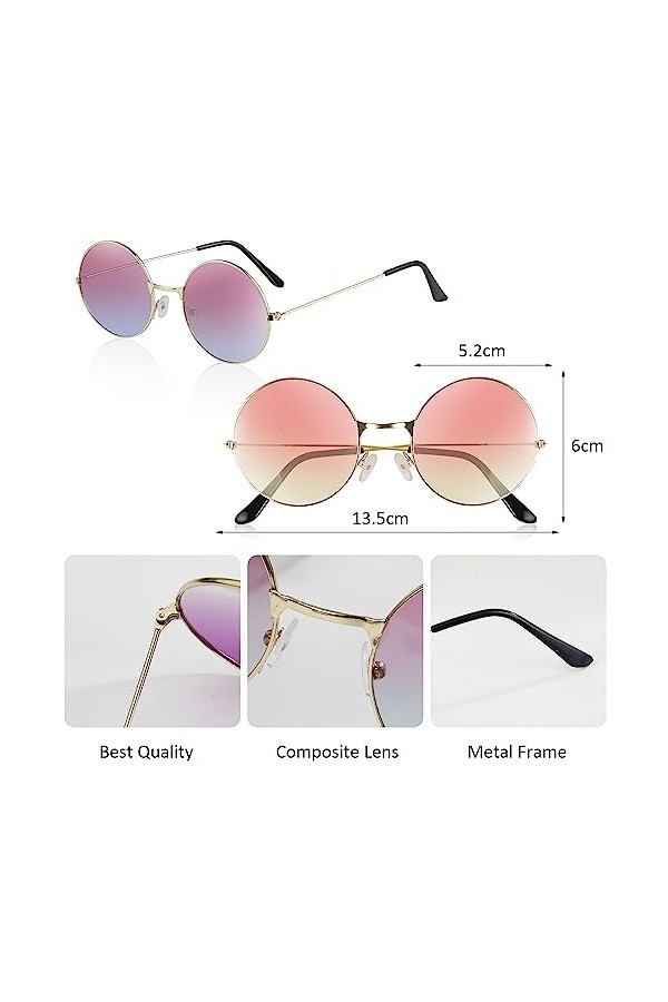 Teklemon Lunettes de Soleil Rondes, 6 Paires Lunettes de Soleil Rétro Hippie Lunettes pour Fête Rondes Coeur Couleur Dégradé 