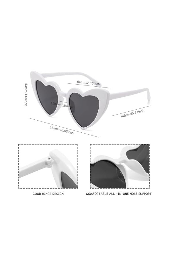 BLeezm Lunettes de Soleil Coeur-Blanc, Lunettes de Soleil Vintage en Forme de Cœur pour Femme, Protection Solaire UV400 et Pr