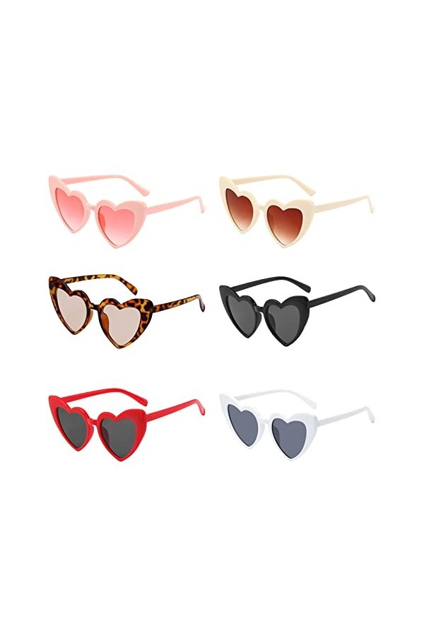 Sporgo Lot de 6 paires de lunettes de soleil rétro en forme de cœur avec UV400, lunettes de soleil hippie œil de chat, lunett