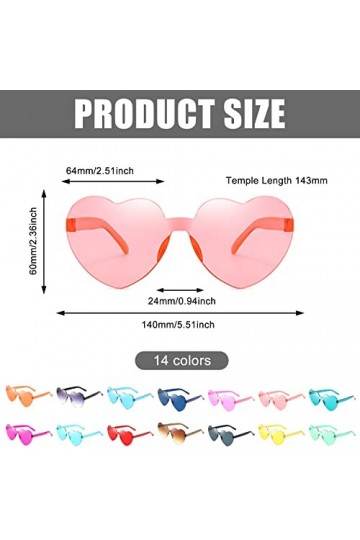 Sylanda Lot de 14 lunettes de soleil en forme de cœur - Style rétro - Sans monture - En forme de cœur - Transparentes - Sans 