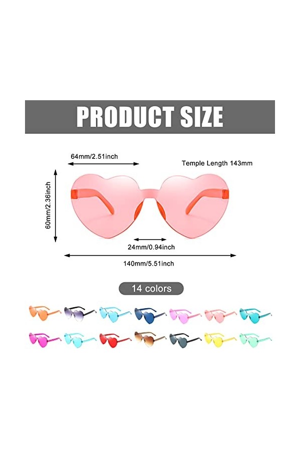 Sylanda Lot de 14 lunettes de soleil en forme de cœur - Style rétro - Sans monture - En forme de cœur - Transparentes - Sans 