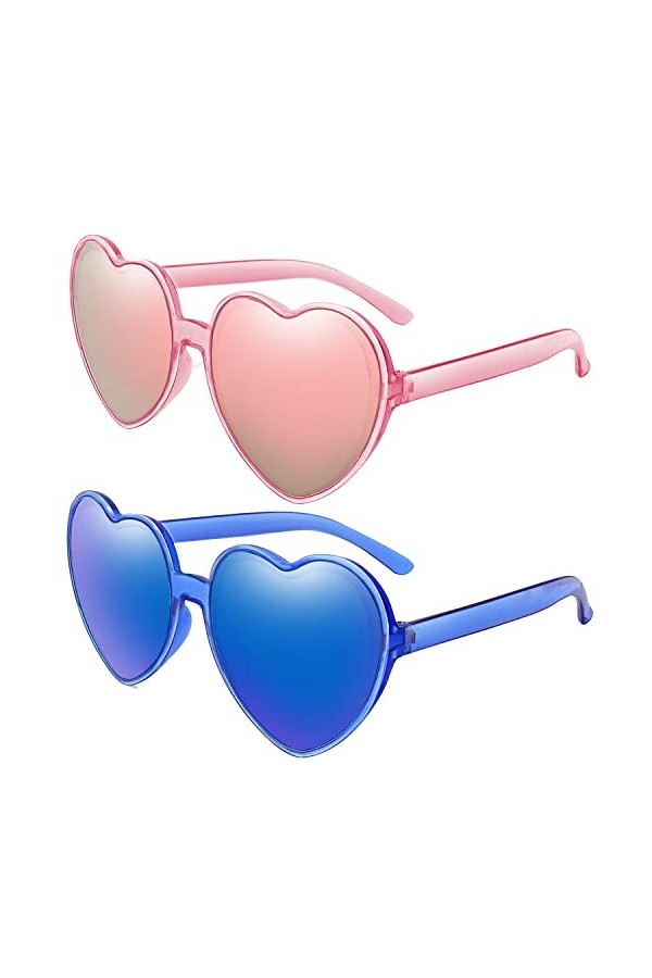 Sugeru Lot de 2 paires de lunettes de soleil réfléchissantes en forme de cœur pour femme - Accessoires de costume Amor - Lune