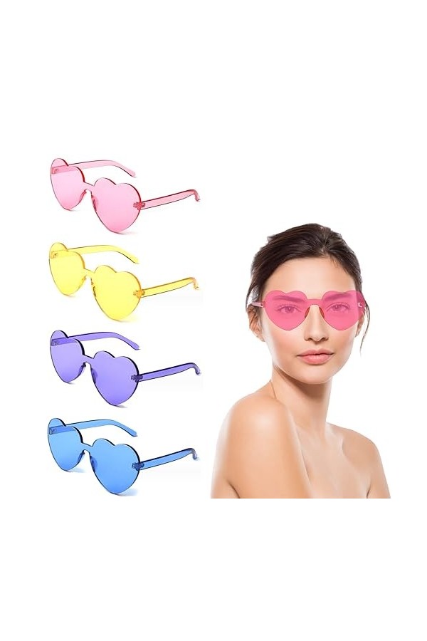 Wasuqo Lot de 4 lunettes de soleil en forme de cœur - Rétro - Lunettes de soleil en forme de cœur - Lunettes de soleil amusan