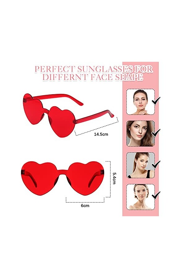 2 Paires Lunettes de Soleil sans Monture en Forme de Coeur Colorées