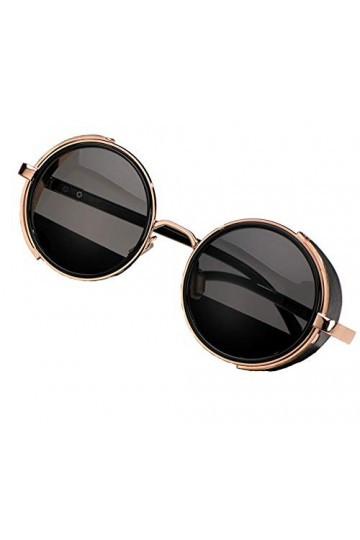 MFAZ Morefaz Ltd Homme Femme Rond Lunettes de Soleil Miroir Cyber Goggle Steampunk Lunettes de Cas Lentille Black Gold 