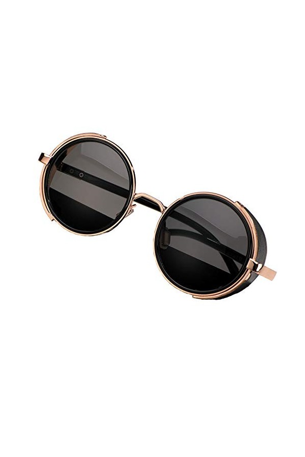 MFAZ Morefaz Ltd Homme Femme Rond Lunettes de Soleil Miroir Cyber Goggle Steampunk Lunettes de Cas Lentille Black Gold 