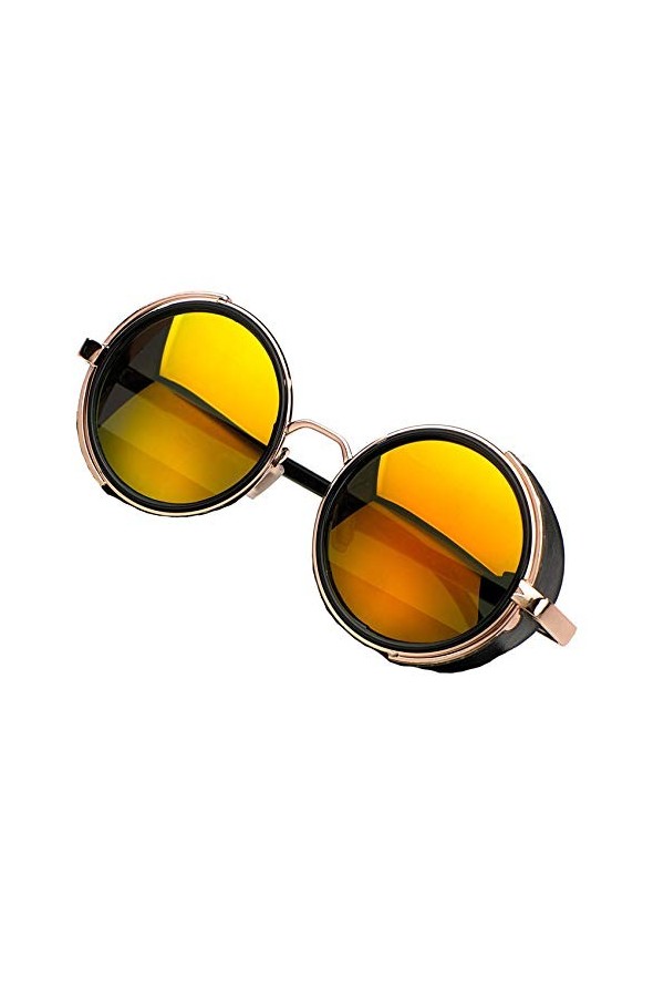 MFAZ Morefaz Ltd Homme Femme Rond Lunettes de Soleil Miroir Cyber Goggle Steampunk Lunettes de Cas Lentille Black Gold 