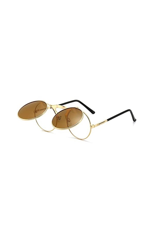 Lunettes de soleil rétro rondes style steampunk années 80 et 90 pour homme et femme, Café/doré, taille unique