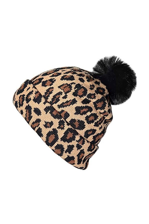 XYIYI Guépard Bonnet Tricot Leopard Hiver Chapeau Beanie avec Pompon pour Femme