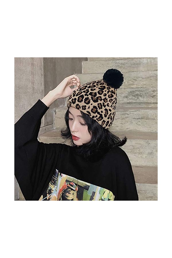XYIYI Guépard Bonnet Tricot Leopard Hiver Chapeau Beanie avec Pompon pour Femme