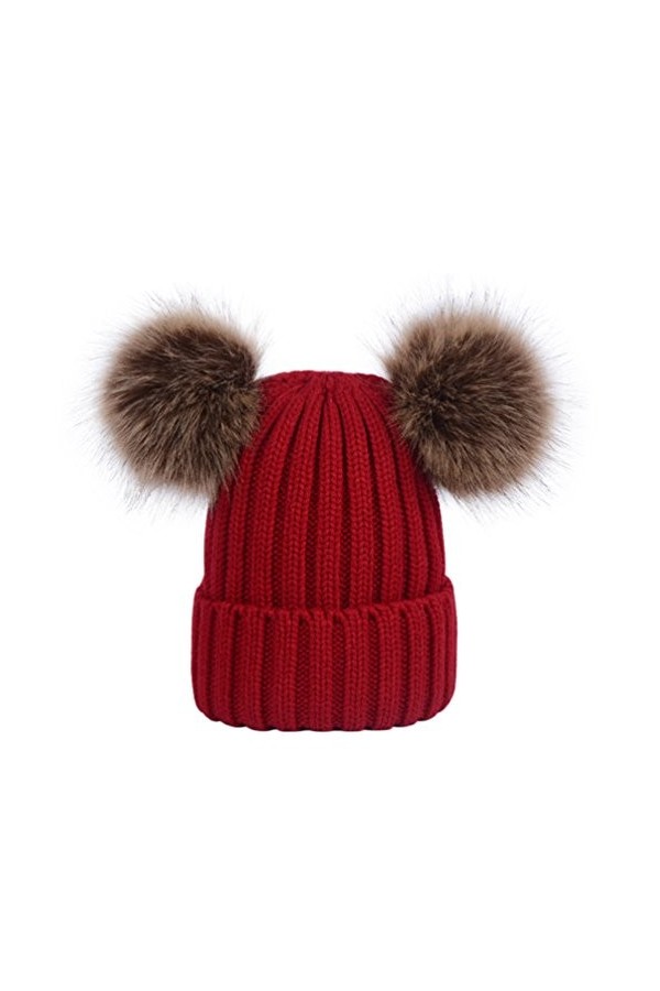 Laus Bonnet de Ski Chaud Hiver Femme, Bonnets en Tricot avec Amovible Deux Pompons en Fausse Fourrure Beige