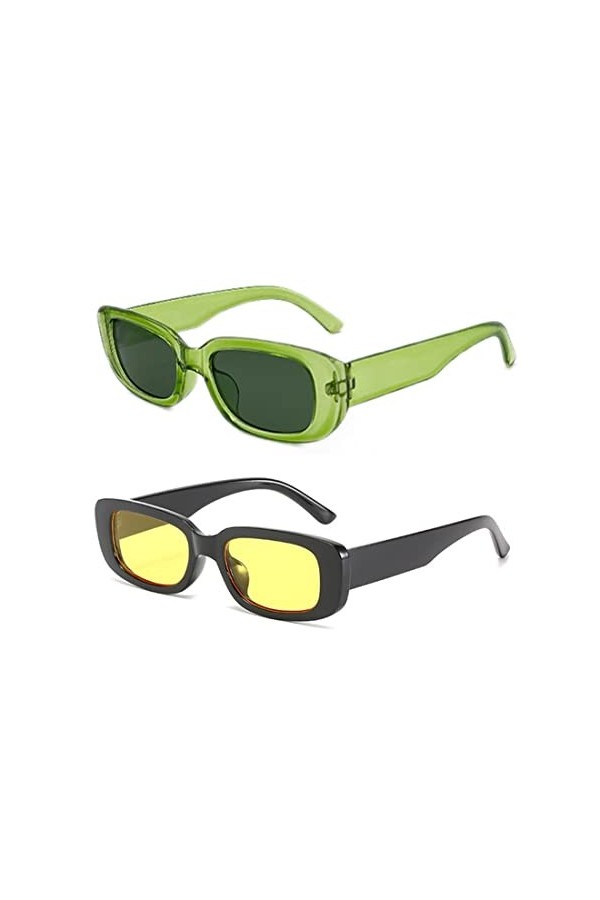 WJIAEER Lunettes de soleil vintage rectangulaires 2 pièces - Lunettes de conduite vintage - Montures carrées vintage à la mod