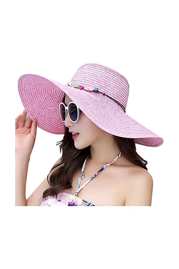 Lanzom Chapeau de paille pliable à large bord pour femme UPF 50+, 09A-Rose, taille unique