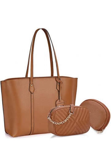 Sac à Main Femme PU Cuir Grand Sac Cabas Ensemble Sac à Bandoulière élégant Sac Porté Main de 3 Pièces Mode Sac fourre-tout M