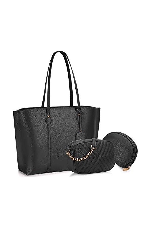 Sac à Main Femme PU Cuir Grand Sac Cabas Ensemble Sac à Bandoulière élégant Sac Porté Main de 3 Pièces Mode Sac fourre-tout M