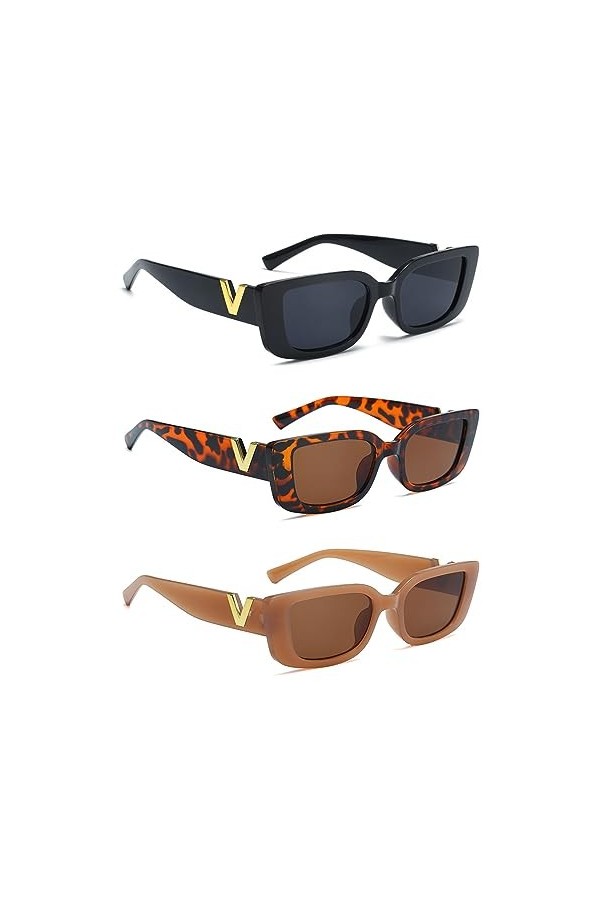 Générique 3 Lunettes De Soleil Rectangulaires,Lunettes de Soleil Femme Polarisées Surdimensionnées,Retro Rectangle Lunettes,V