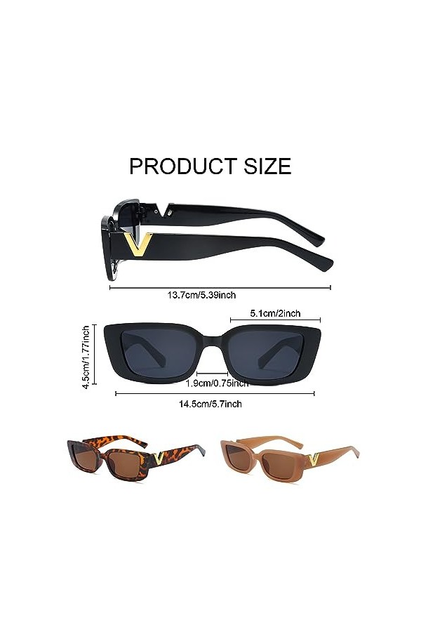 Générique 3 Lunettes De Soleil Rectangulaires,Lunettes de Soleil Femme Polarisées Surdimensionnées,Retro Rectangle Lunettes,V