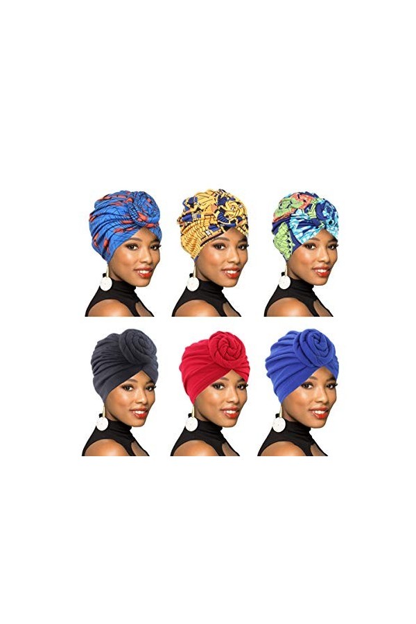 Lot de 4/6 paquets de turban pour femme avec nœud à motif africain, Colour011, Taille unique