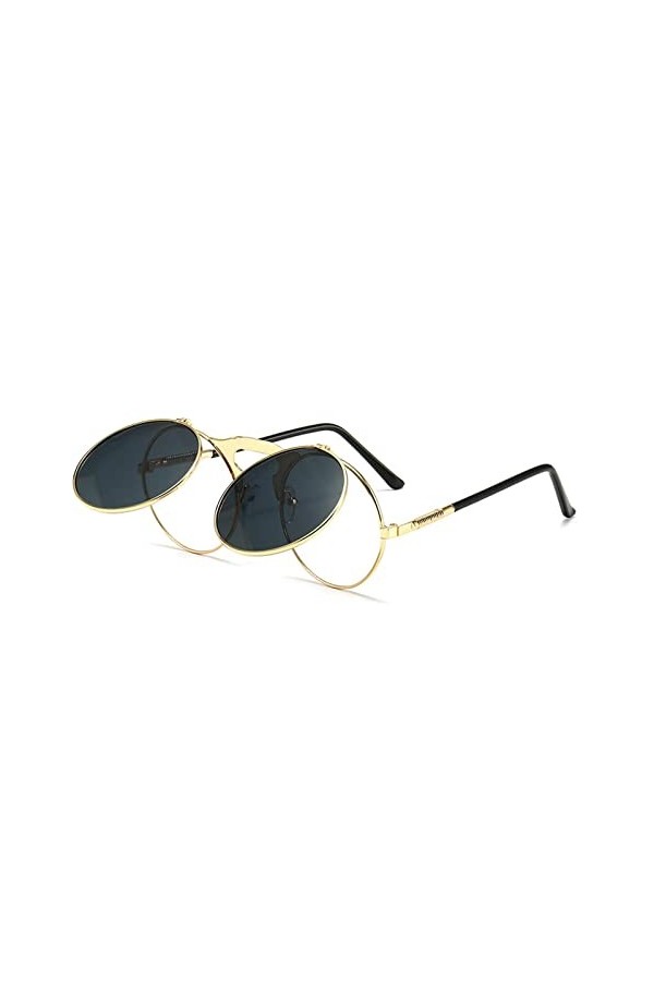 NAUXIU Lunettes de soleil vintage steampunk à rabat rétro rondes en métal pour homme et femme, Doré/noir, Taille unique