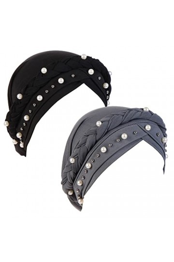 Fxhixiy Bonnet hijab avec perles tressées pour femme - Bonnet turban pour le cancer et la chimio, noir/gris, taille unique