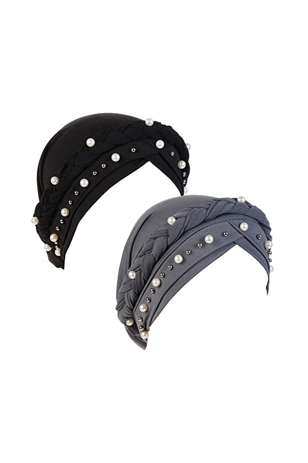 Fxhixiy Bonnet hijab avec perles tressées pour femme - Bonnet turban pour le cancer et la chimio, noir/gris, taille unique