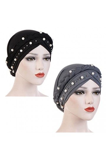 Fxhixiy Bonnet hijab avec perles tressées pour femme - Bonnet turban pour le cancer et la chimio, noir/gris, taille unique