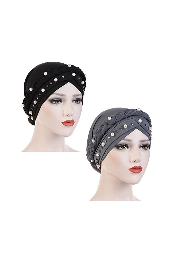 Fxhixiy Bonnet hijab avec perles tressées pour femme - Bonnet turban pour le cancer et la chimio, noir/gris, taille unique