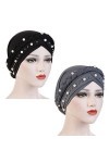 Fxhixiy Bonnet hijab avec perles tressées pour femme - Bonnet turban pour le cancer et la chimio, noir/gris, taille unique