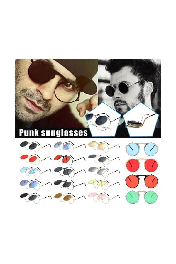 Hiessgozy Lunettes de soleil vintage Steampunk Flip rétro rondes en métal lunettes de soleil pour hommes Q4u4 femmes et, Doré