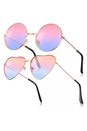 Frienda 2 Paires Lunettes de Soleil Hippies Lunettes de Soleil Rétro Lunettes de Soleil Vintages en Métal Rose et Bleu, Rond