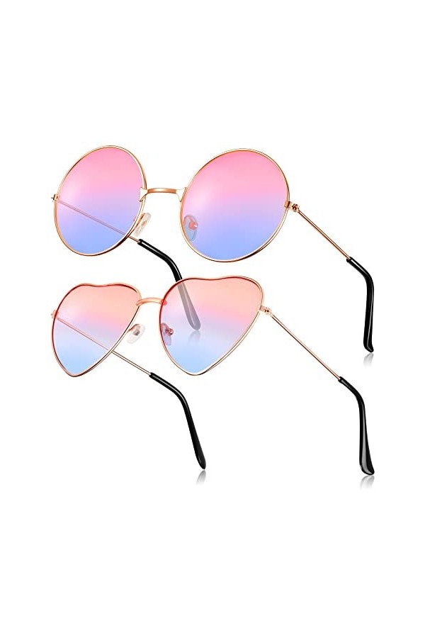 Frienda 2 Paires Lunettes de Soleil Hippies Lunettes de Soleil Rétro Lunettes de Soleil Vintages en Métal Rose et Bleu, Rond