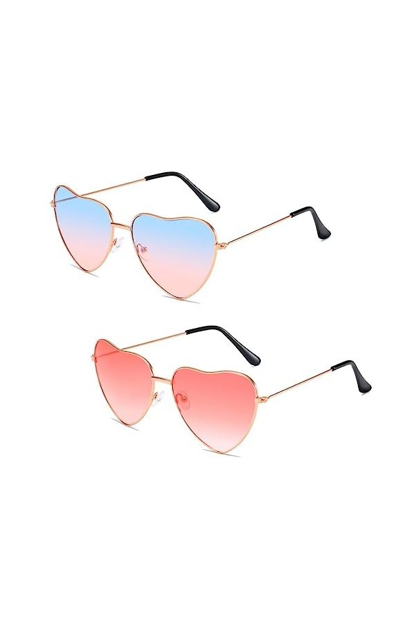 PLABBDPL Lunettes de Soleil Coeur Hippie Lunettes 2Pcs de Soleil des Années 70 Lunettes de Soleil Hippie à Monture Métallique