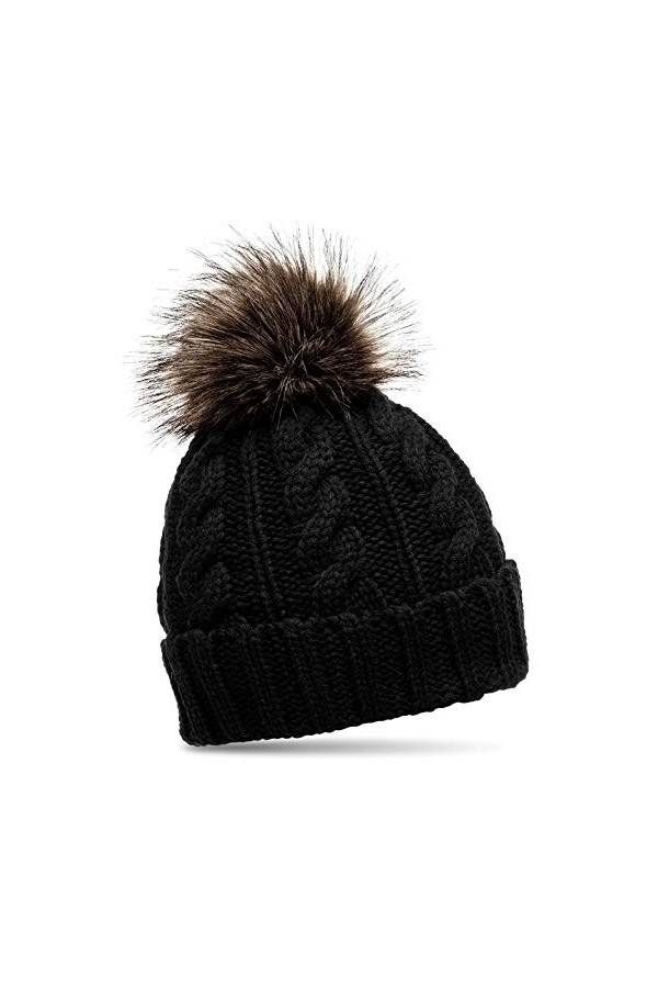 Caspar MU104 Bonnet tricoté avec pompon en fausse fourrure, Couleur:noir, Taille:Taille unique