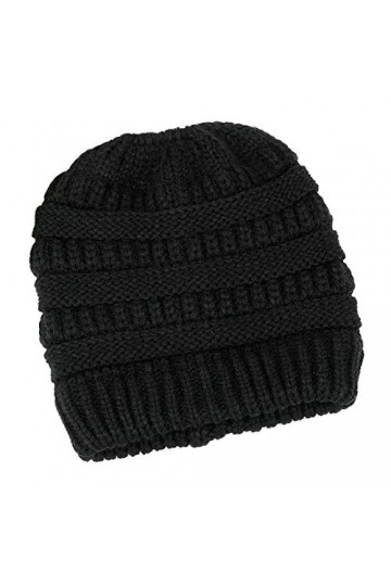Lamdgbway Femmes Tricoté Chapeau Hiver Beanie Étendue Câble Prêle Bun Bonnet Noir