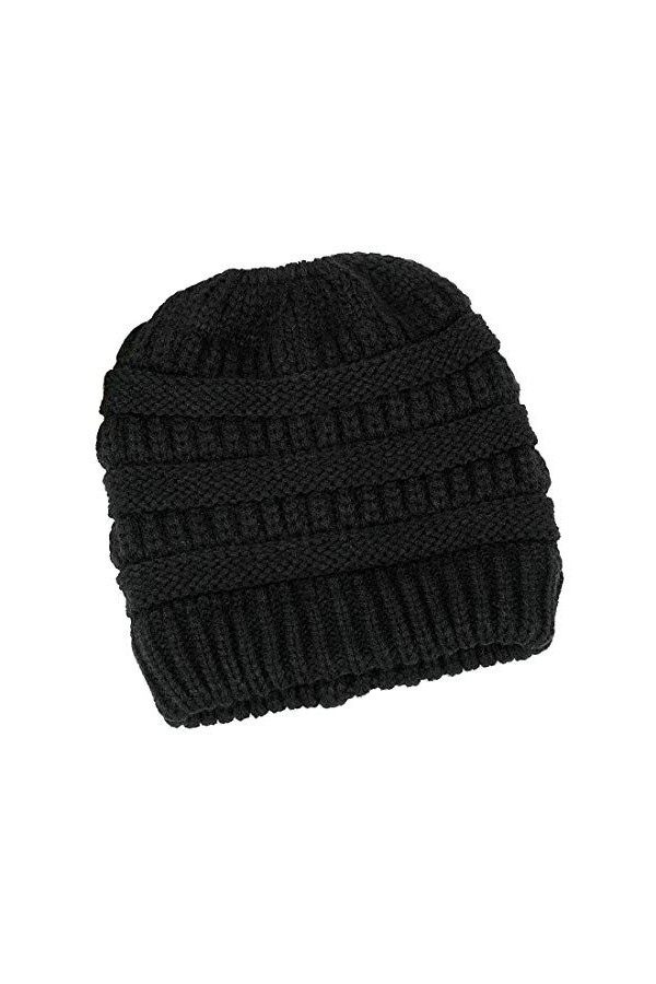 Lamdgbway Femmes Tricoté Chapeau Hiver Beanie Étendue Câble Prêle Bun Bonnet Noir