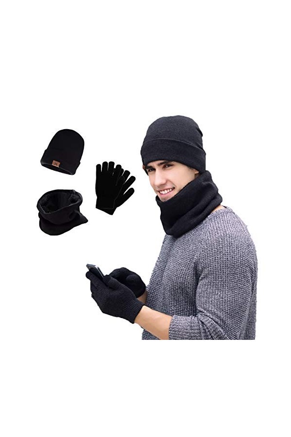 Neusky Bonnets, écharpe et gants, en tricot chaud, lot de 3, pour lhiver, Lot de 3 - Noir, taille unique
