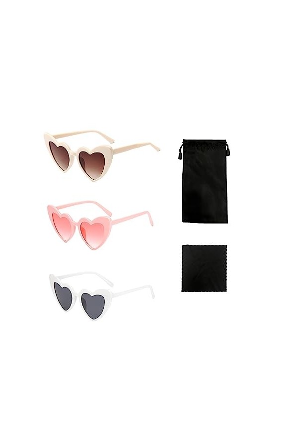 LSYYSL 3pcs lunettes de soleil rétro en forme de coeur avec 1pc tissu de lunettes noir et 1pcs sac de rangement pour lunettes