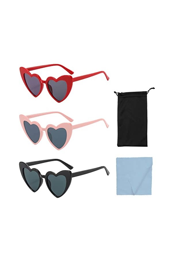 LSYYSL 3pcs lunettes de soleil rétro en forme de coeur avec 1pc tissu de lunettes noir et 1pcs sac de rangement pour lunettes